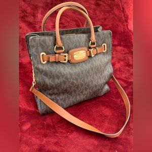 EUC Michael Kors MK Logo Hamilton Large Brown and Gold Tote Purse Bag